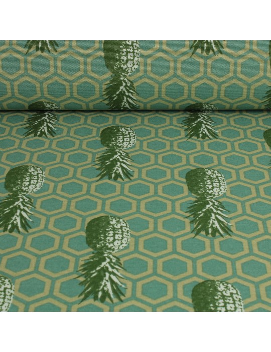 Tissu toile de coton imprimé ananas/bouleau vert