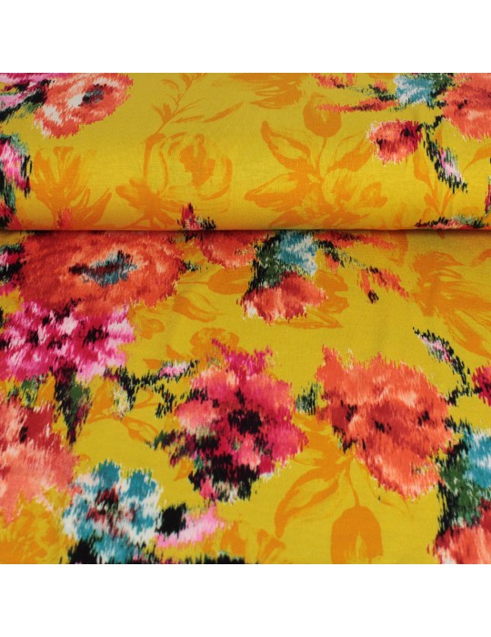Tissu jersey viscose imprimé fleurs roses/orange jaune