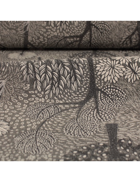 Tissu ameublement jacquard 100 % coton arbres/fleurs 140 cm gris