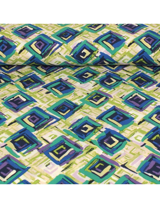 Tissu viscose imprimé carrés vert/bleu 140 cm