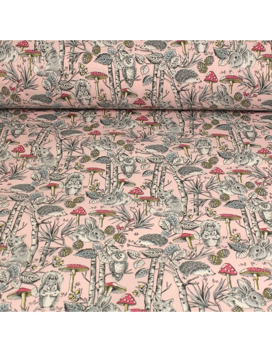 Tissu cretonne imprimé animaux champignons 160 cm rose