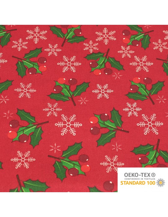 Coupon coton imprimé houx Noël rouge/argent 300 x 150 cm