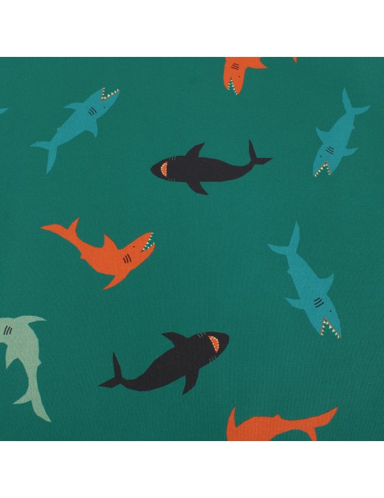 Coupon coton imprimé requins vert 150 x 150 cm