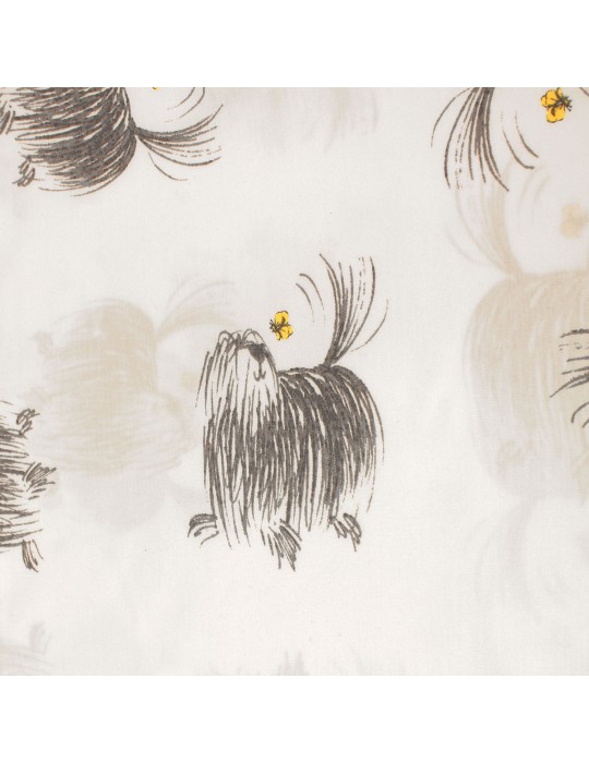 Coupon coton imprimé chien papillon 200 x 145 cm beige