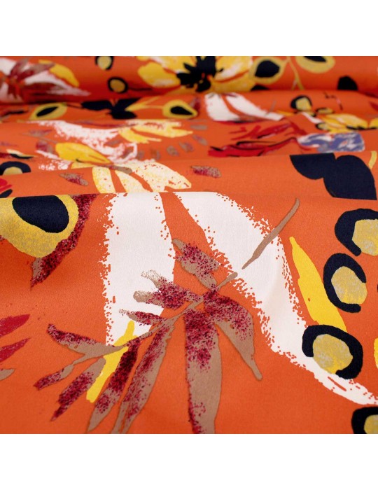 Tissu satin imprimé floral orange