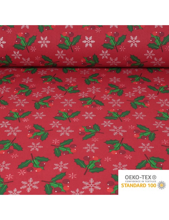 Tissu coton imprimé houx Noël rouge/