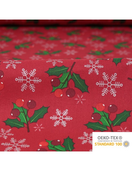Tissu coton imprimé houx Noël rouge/