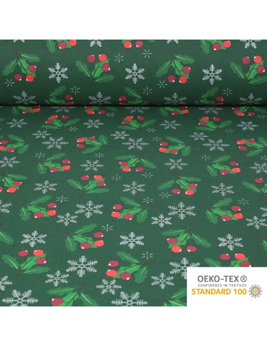 Tissu coton imprimé houx Noël vert/