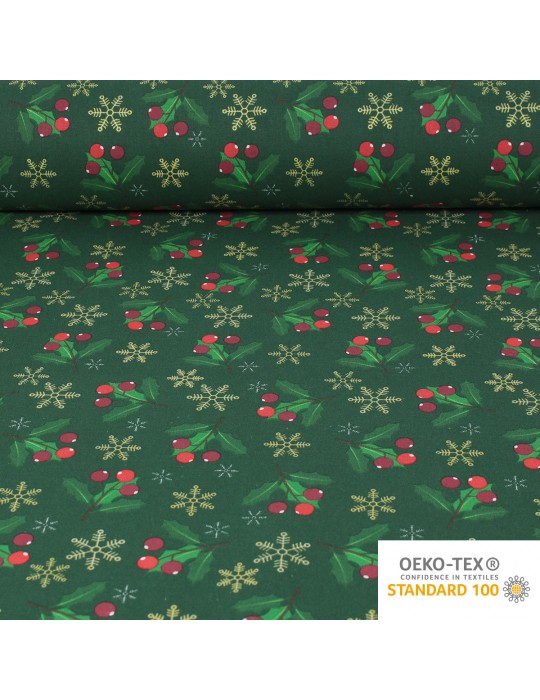 Tissu coton imprimé houx Noël vert/or