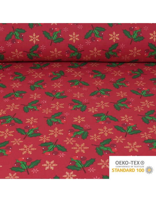 Tissu coton imprimé houx Noël rouge/or