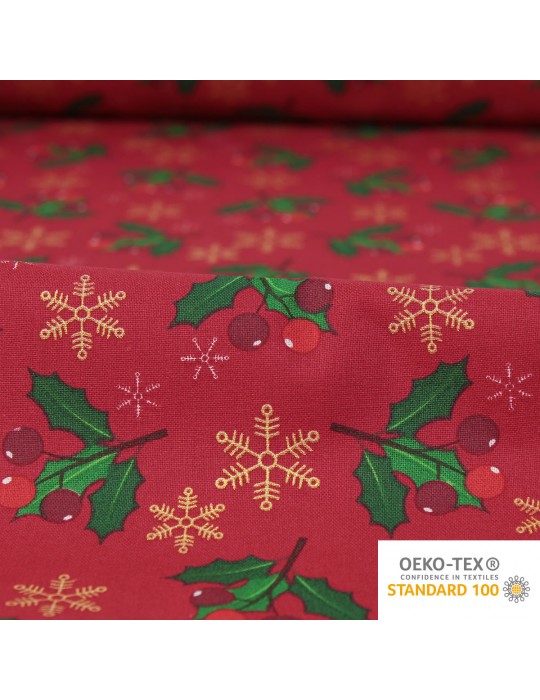 Tissu coton imprimé houx Noël rouge/or