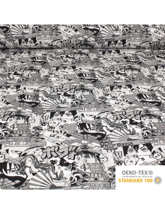 Tissu cretonne imprimé manga oeko-tex noir