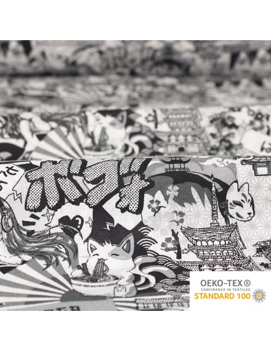 Tissu cretonne imprimé manga oeko-tex noir