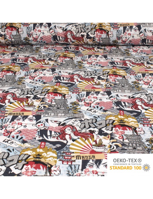 Tissu cretonne imprimé manga oeko-tex rouge