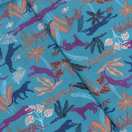 Coupon 3m Tissu Cretonne Imprimé Felin Bleu 