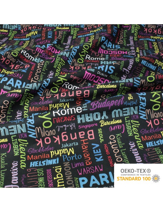 Coupon coton imprimé villes du monde 50 x 150 cm noir