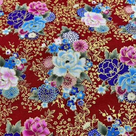 Coupon 3m Tissu Cretonne Imprimé Foil Or rouge 