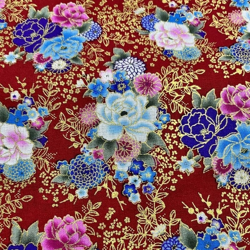 Coupon 3m Tissu Cretonne Imprimé Foil Or rouge 