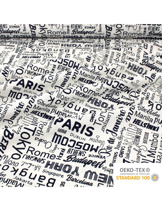 Coupon coton patchwork villes du monde bleu 50 x 50 cm blanc