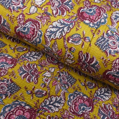 Coupon 3m Tissu Blockprint Imprimé Tampons Mains Matelassé Double Face Jaune Bordeaux