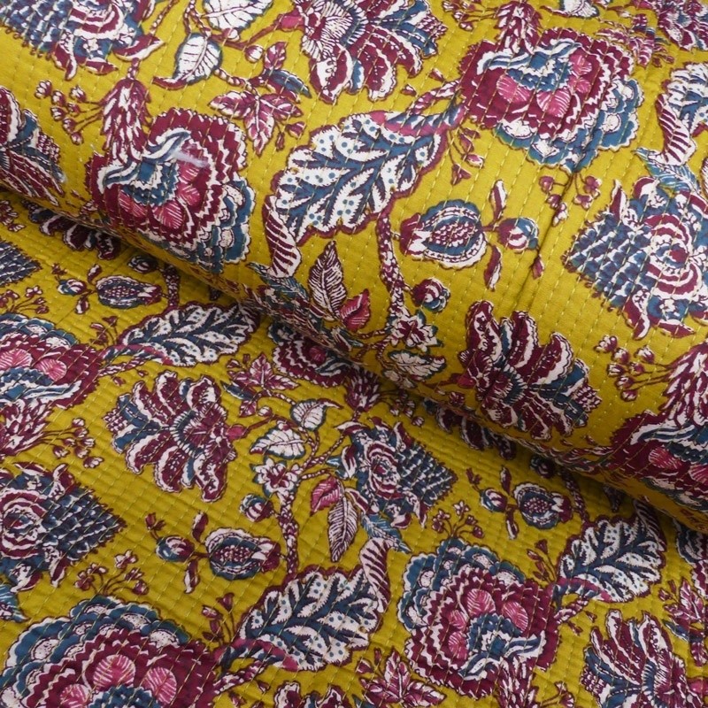 Coupon 3m Tissu Blockprint Imprimé Tampons Mains Matelassé Double Face Jaune Bordeaux