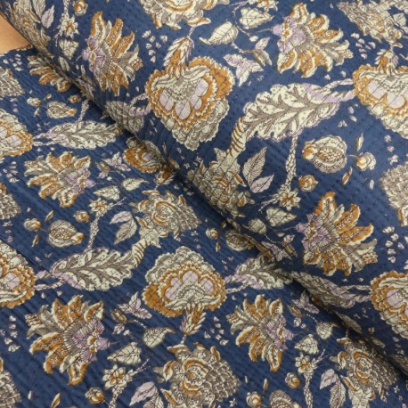 Coupon 3m Tissu Blockprint Imprimé Tampons Mains Matelassé Double Face Bleu Jaune