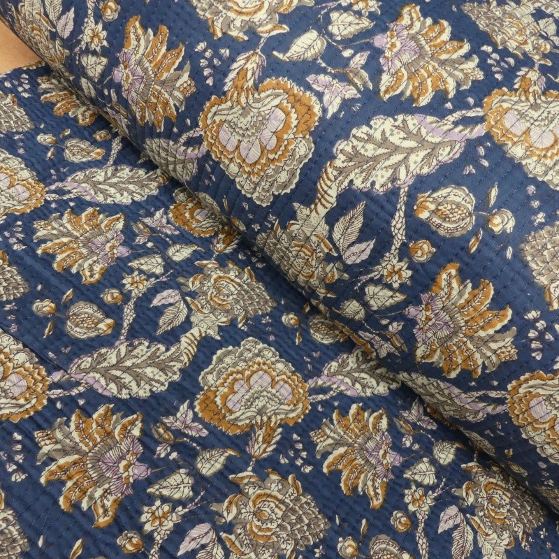Coupon 3m Tissu Blockprint Imprimé Tampons Mains Matelassé Double Face Bleu Jaune