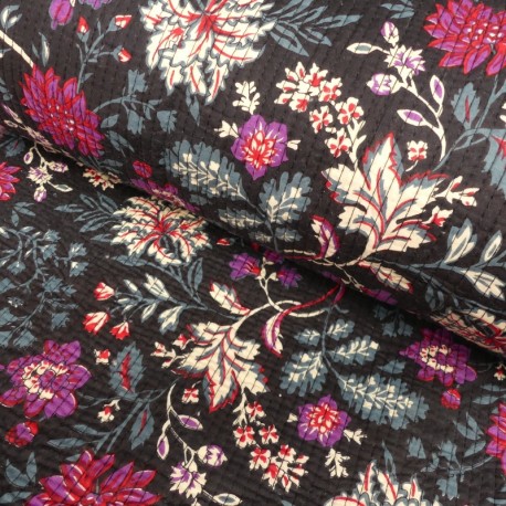 Coupon 3m Tissu Blockprint Imprimé Tampons Mains Matelassé Double Face Floral Noir Bordeaux