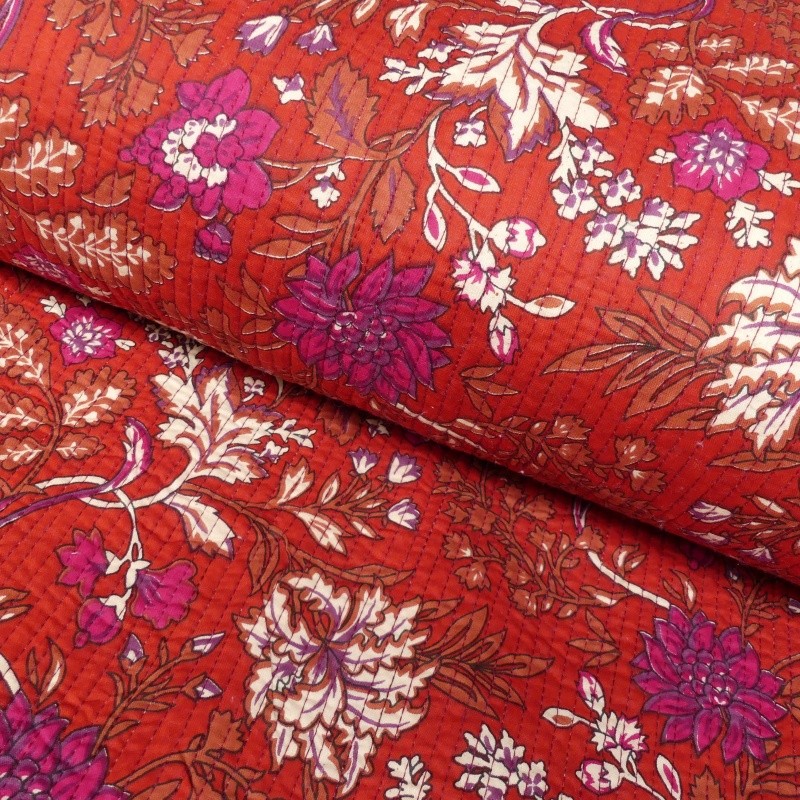 Coupon 3m Tissu Blockprint Imprimé Tampons Mains Matelassé Double Face Floral Rouge Bleu