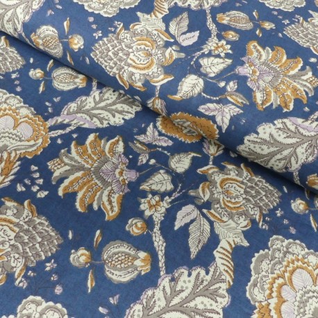 Coupon 3m Tissu Blockprint Impression Tampons Mains Floral Bleu