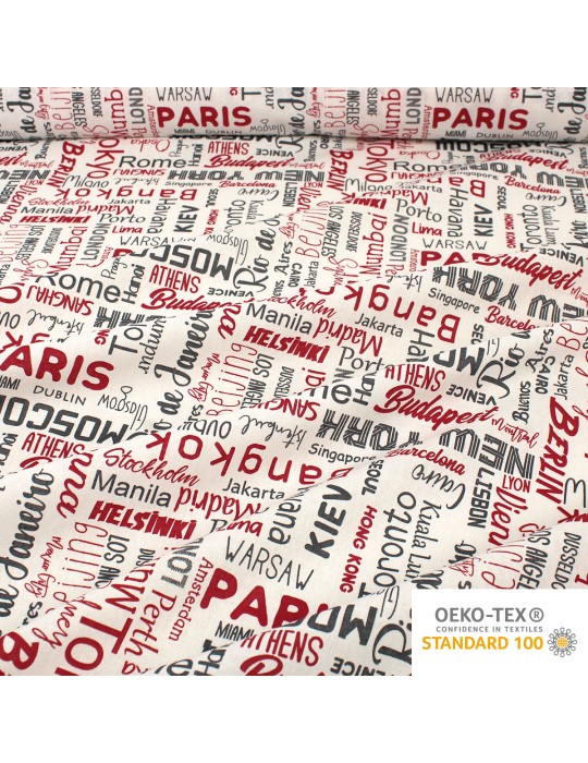 Coupon coton patchwork villes du monde rouge 50 x 50 cm blanc