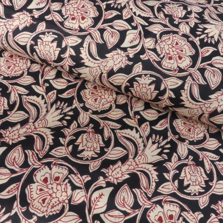 Coupon 3m Tissu Blockprint Impression Tampons Mains Floral Multico