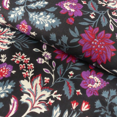Coupon 3m Tissu Blockprint Impression Tampons Mains Fleur Fond Noir