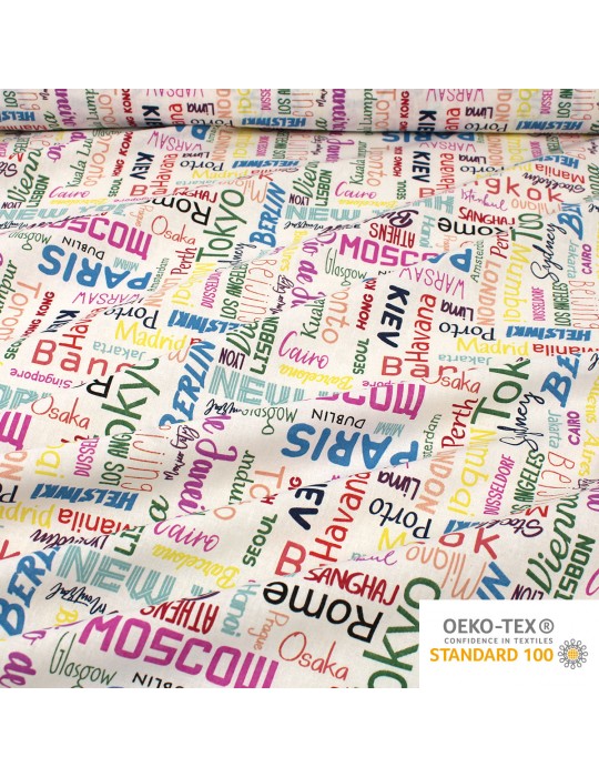 Tissu coton imprimé villes du monde multicolore blanc