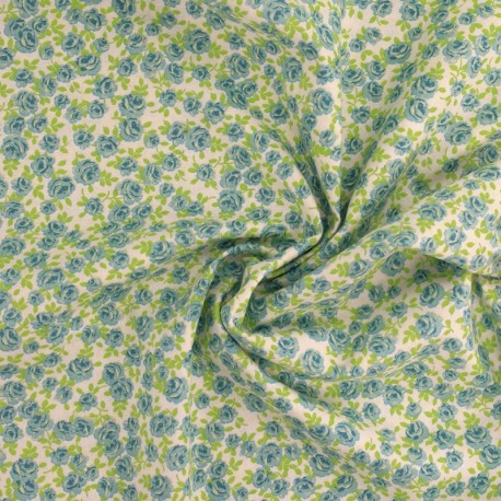 Coupon 3m Tissu Coton Imprimé Fleur Bleue