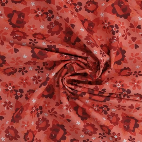 Coupon 3m Tissu Coton Imprimé Fleur Rouge