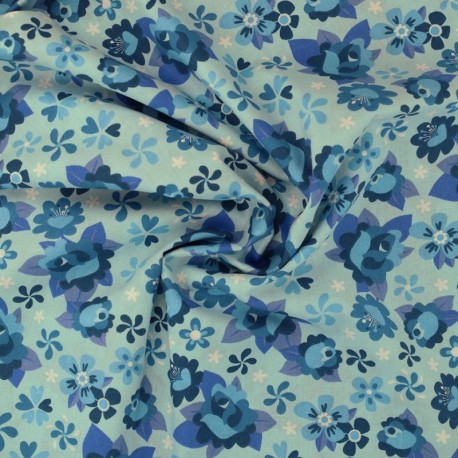 Coupon 3m Tissu Coton Imprimé Fleur Bleu