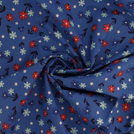 Coupon 3m Tissu Coton Imprimé Fleur Fond Bleu