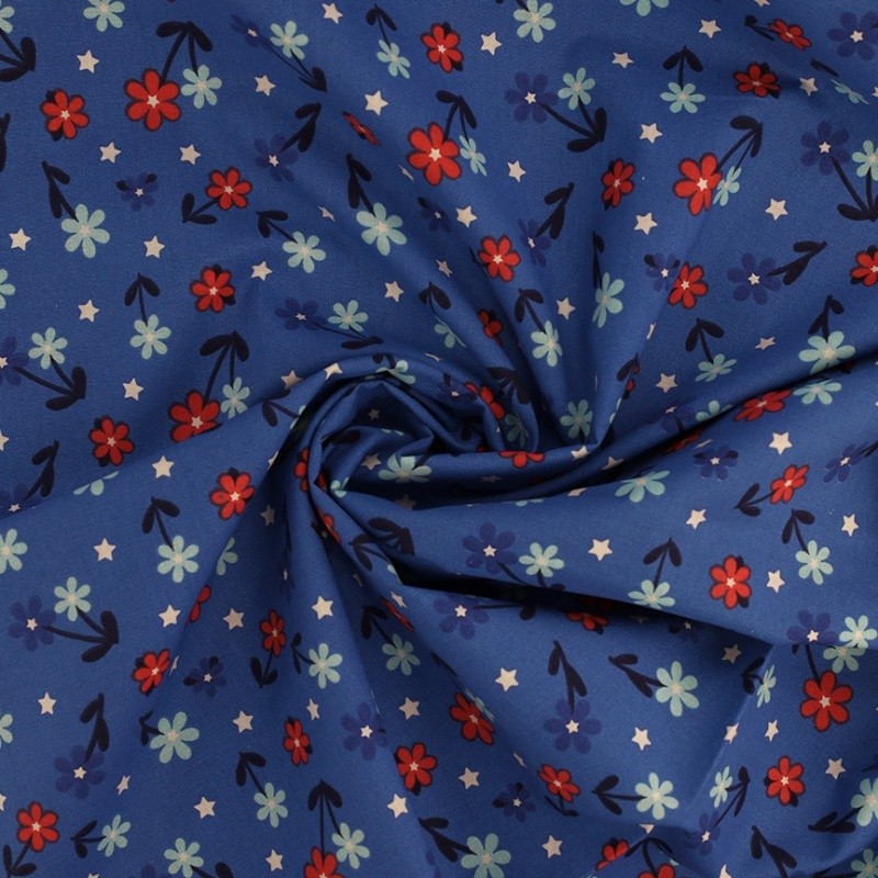 Coupon 3m Tissu Coton Imprimé Fleur Fond Bleu