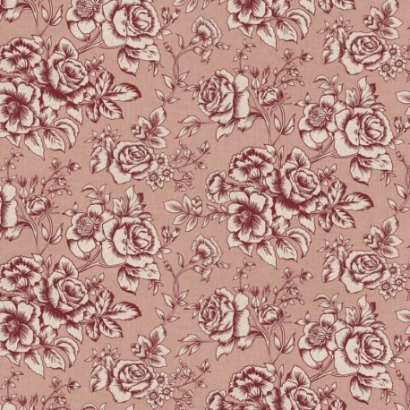 Coupon 3m Tissu Elegant Rose Bloom Lie de Vin Fond Coloris Lin