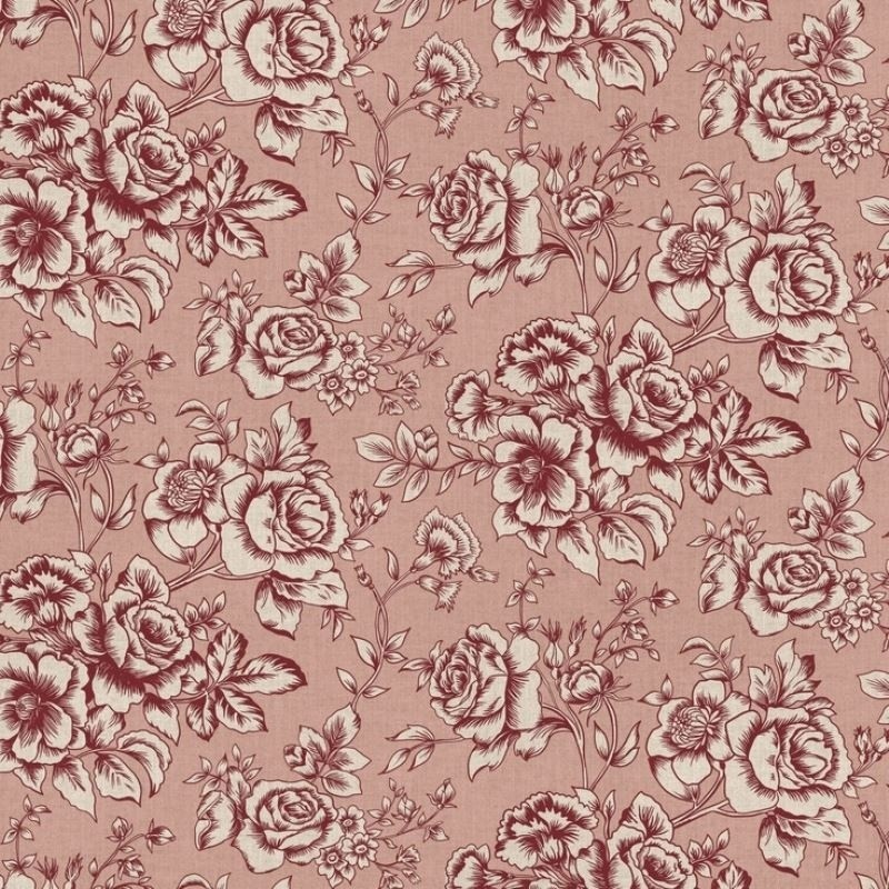 Coupon 3m Tissu Elegant Rose Bloom Lie de Vin Fond Coloris Lin