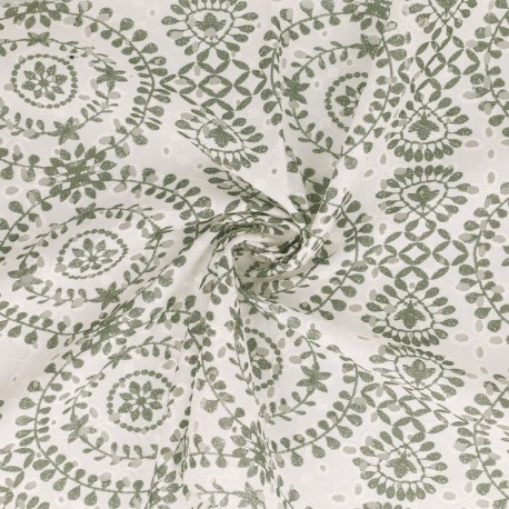 Coupon 3m Tissu Broderie Coton Fleurs Vert