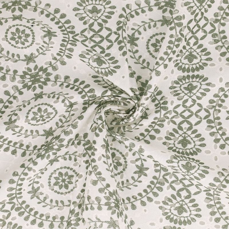 Coupon 3m Tissu Broderie Coton Fleurs Vert