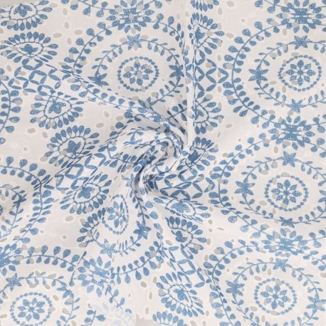 Coupon 3m Tissu Broderie Coton Fleurs Bleu