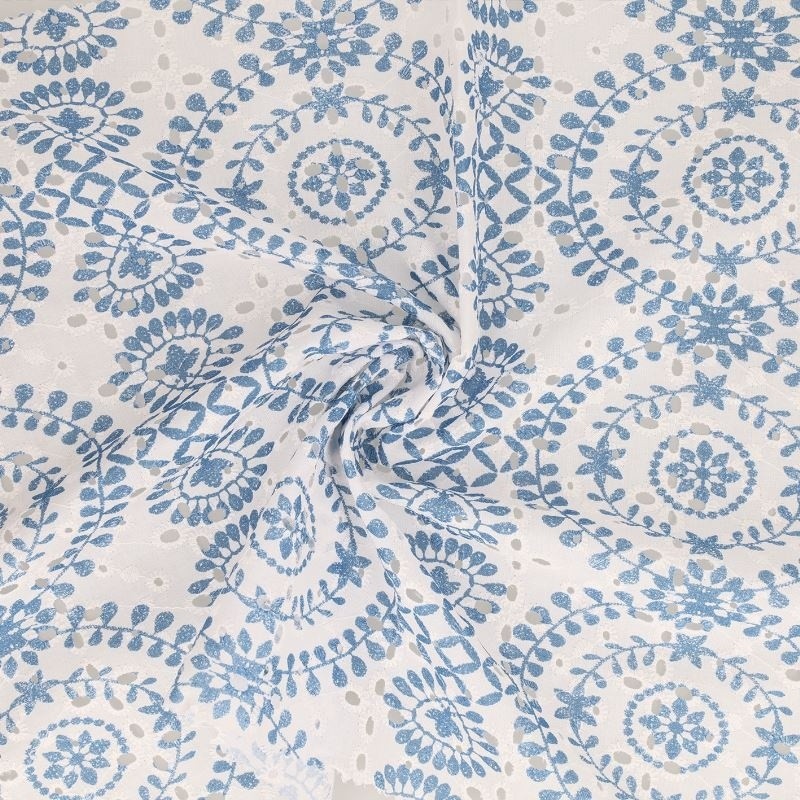 Coupon 3m Tissu Broderie Coton Fleurs Bleu
