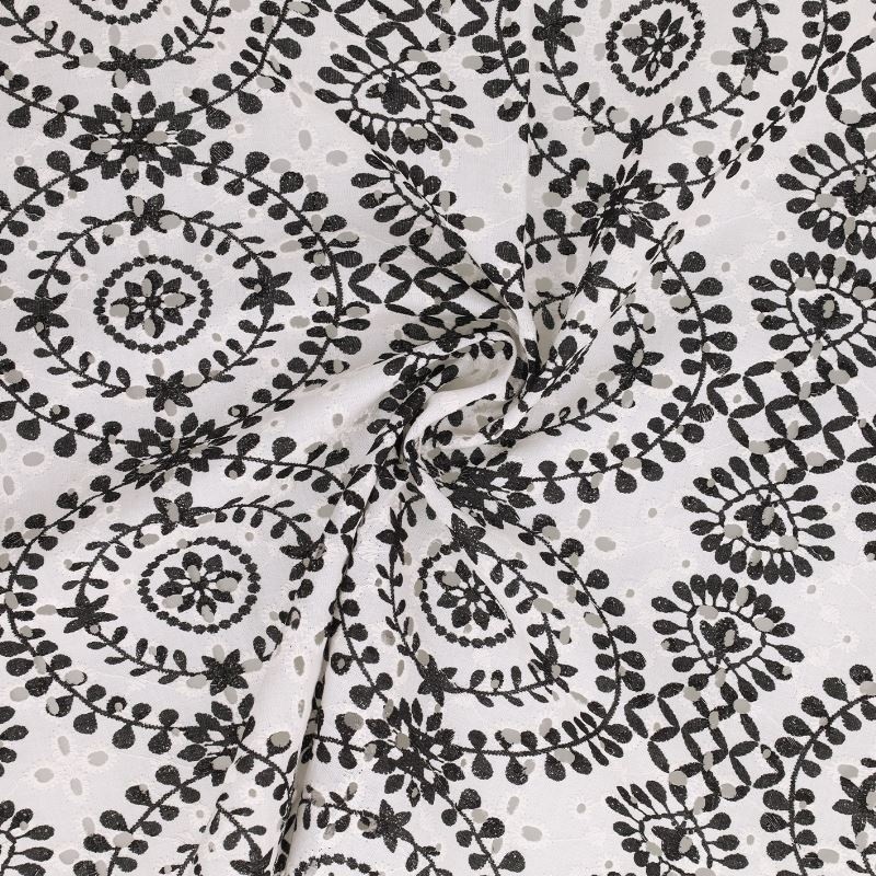Coupon 3m Tissu Broderie Coton Fleurs Fond Blanc 