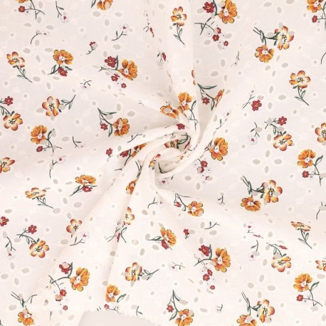 Coupon 3m Tissu Broderie Coton Fleurs Orange