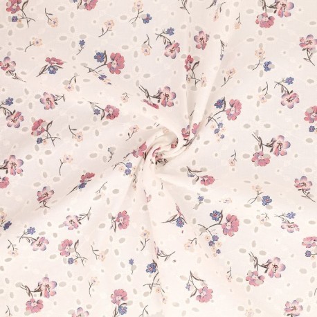 Coupon 3m Tissu Broderie Coton Fleurs Rose Clair