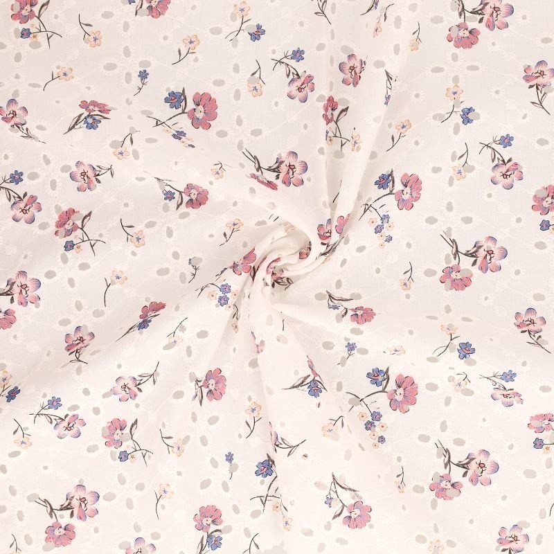 Coupon 3m Tissu Broderie Coton Fleurs Rose Clair