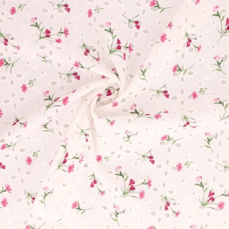 Coupon 3m Tissu Broderie Coton Fleurs Rose 